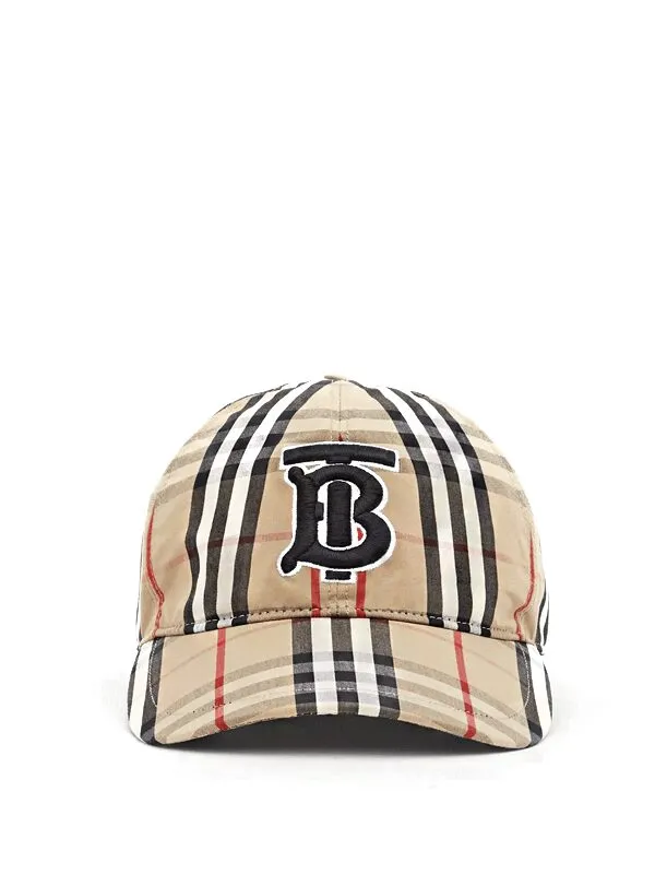 Burberry Vintage Check Cotton Baseball Cap Monogram Motif Beige.