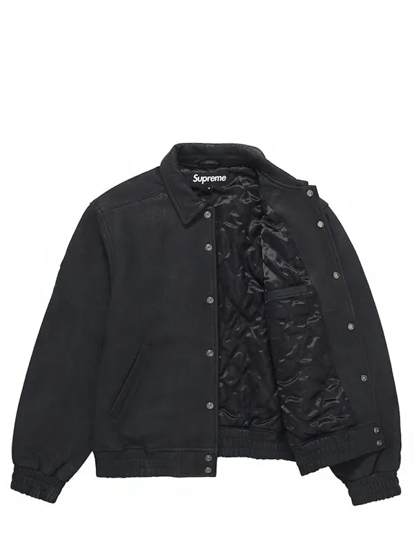 Supreme Pebbled Leather Varsity Jacket Black.